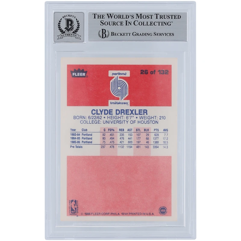 Clyde Drexler Portland Trail Blazers Autographed 1986-87 Fleer #26 Beckett Fanatics Witnessed Authenticated 10 Rookie Card