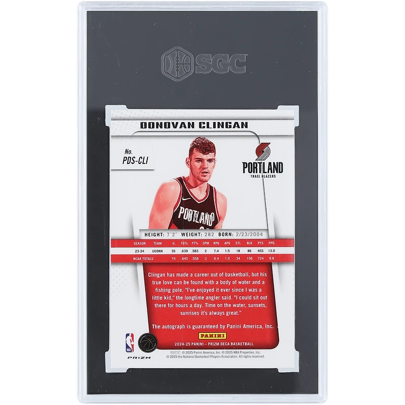 Carte de recrue autographiée de Donovan Clingan (Portland Trail Blazers) 2024-25 Panini Prizm Deca Gold Prizm Signature #PDS-CLI #8/10 authentifiée par SGC (n° 9)