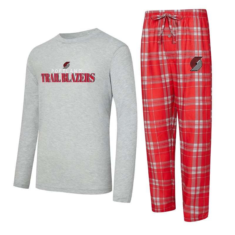 Men's Concepts Sport Red/Heather Gray Portland Trail Blazers Regulate Long Sleeve T-Shirt & Plaid Pant Set