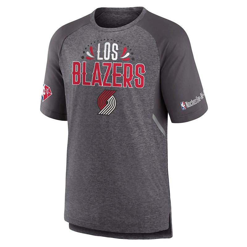 T-shirt raglan de tir Fanatics gris chiné Portland Trail Blazers 2022 Noches Ene-Be-A Core pour hommes