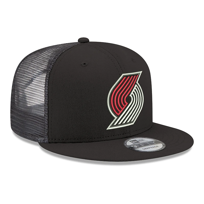Casquette snapback New Era 9FIFTY noire pour homme, logo principal des Portland Trail Blazers.
