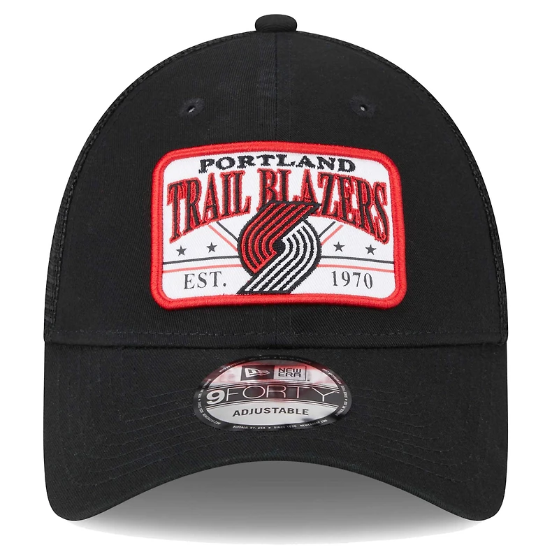 Men's New Era  Black Portland Trail Blazers Plate Oversized Patch Trucker 9FORTY Adjustable Hat