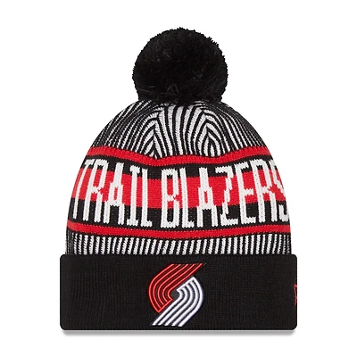 Men's New Era Black Portland Trail Blazers Striped Cuffed Pom Knit Hat 