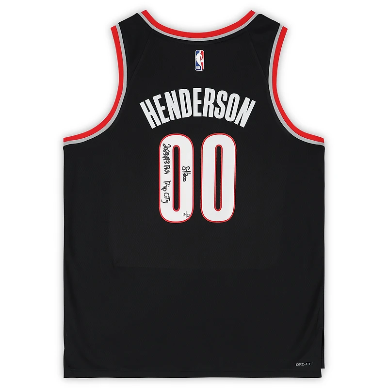 Maillot Swingman Nike Icon Edition noir dédicacé par Scoot Henderson des Portland Trail Blazers avec inscriptions « 2023 #3 Pick » et « Rip City » - Édition limitée à 23 exemplaires