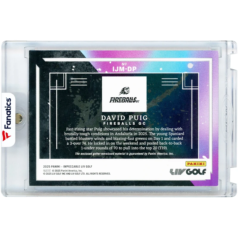 Carte David Puig LIV Golf 2025 Panini Impeccable Prime Impeccable Jumbo Cap Squatchee Relic #IJM-DP #2/2