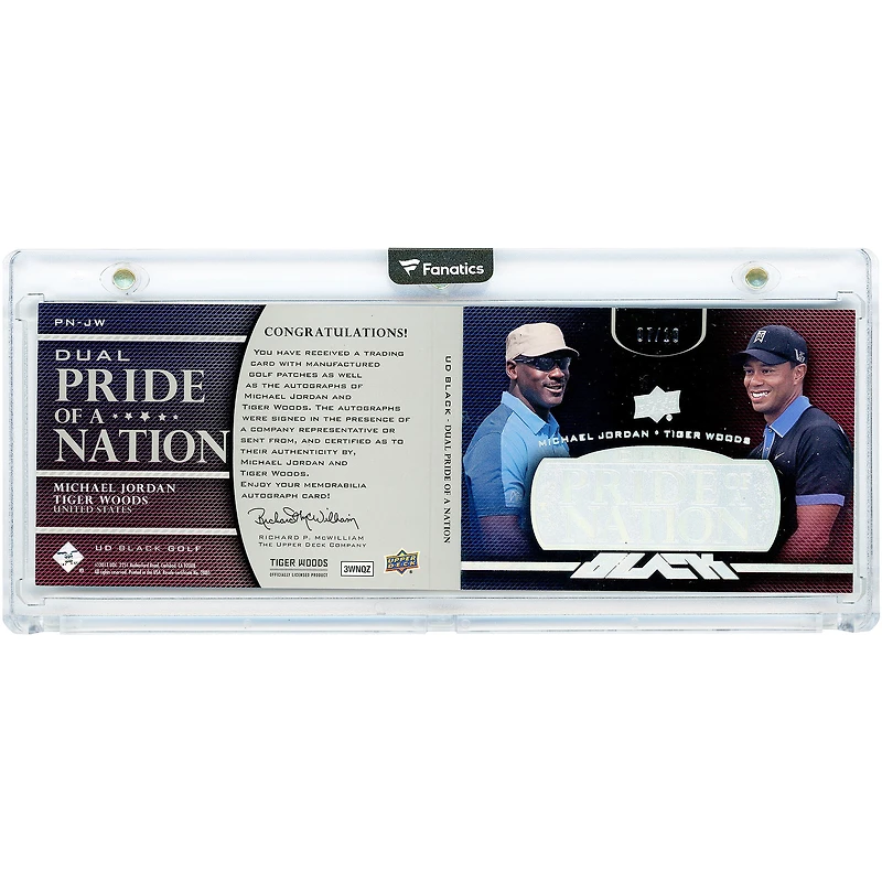 Carte de golf Upper Deck Black Dual Pride Of A Nation 2013, signée par Michael Jordan et Tiger Woods (reliques du drapeau américain, encre argentée, réf. PN-JW, n° 7/10).