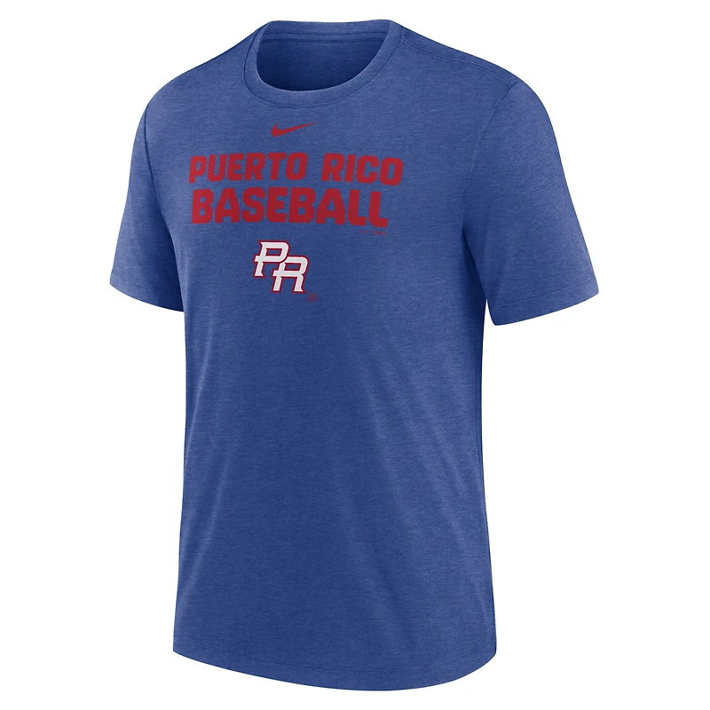 Men's Nike Heather Blue Puerto Rico Baseball 2026 World Classic Stacked Tri-Blend T-Shirt