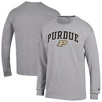 T-shirt à manches longues avec logo Arch Over Champion pour homme, gris chiné, Purdue Boilermakers