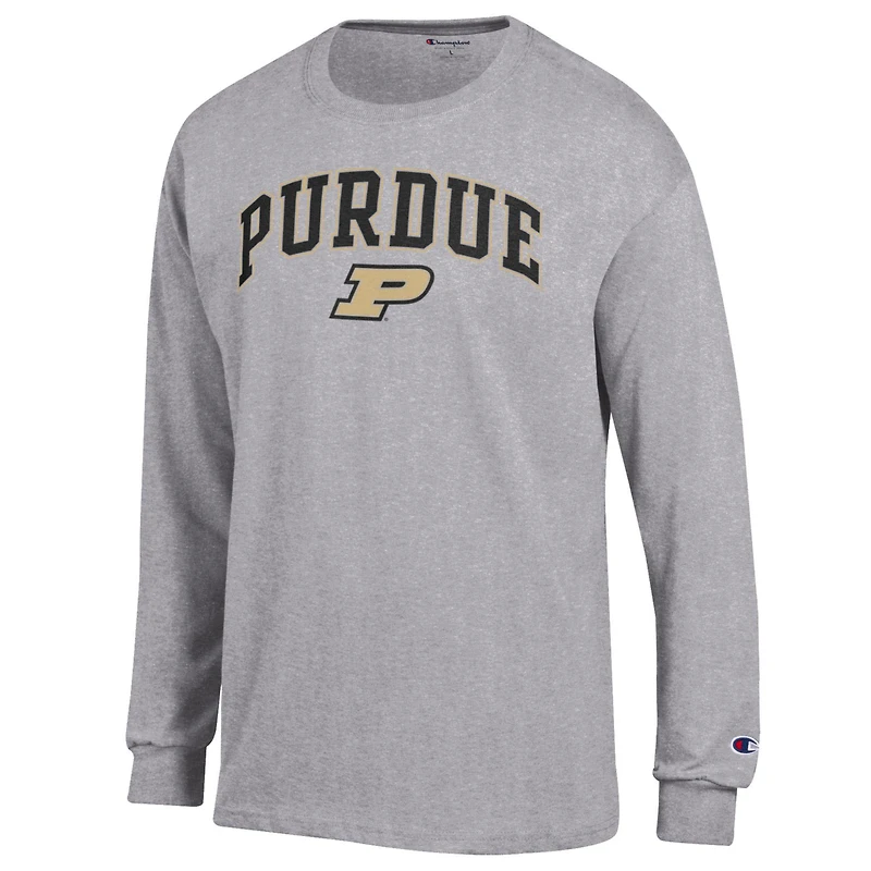 T-shirt à manches longues avec logo Arch Over Champion pour homme, gris chiné, Purdue Boilermakers