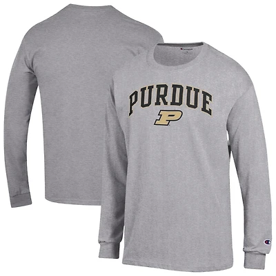 T-shirt à manches longues avec logo Arch Over Champion pour homme, gris chiné, Purdue Boilermakers