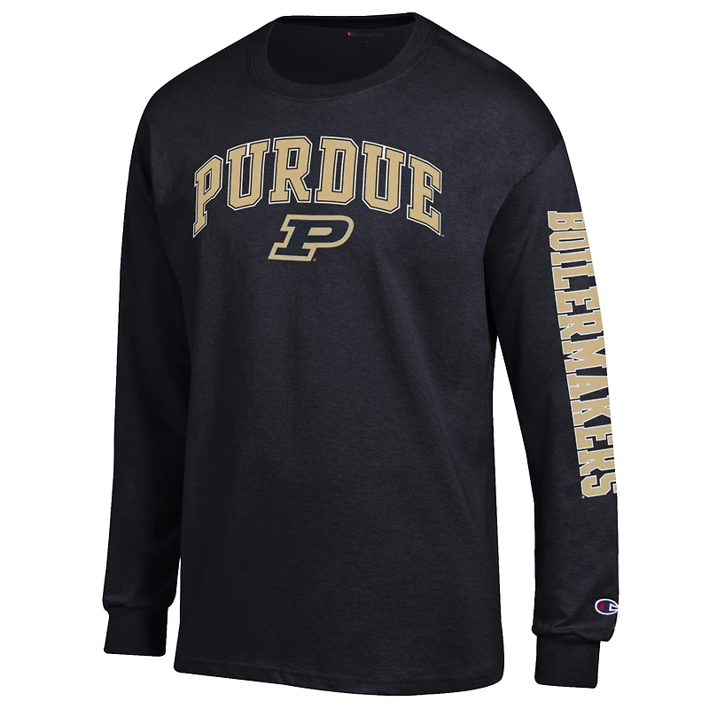 T-shirt à manches longues noir Champion Purdue Boilermakers pour homme avec logo Arch Over et 2 coups