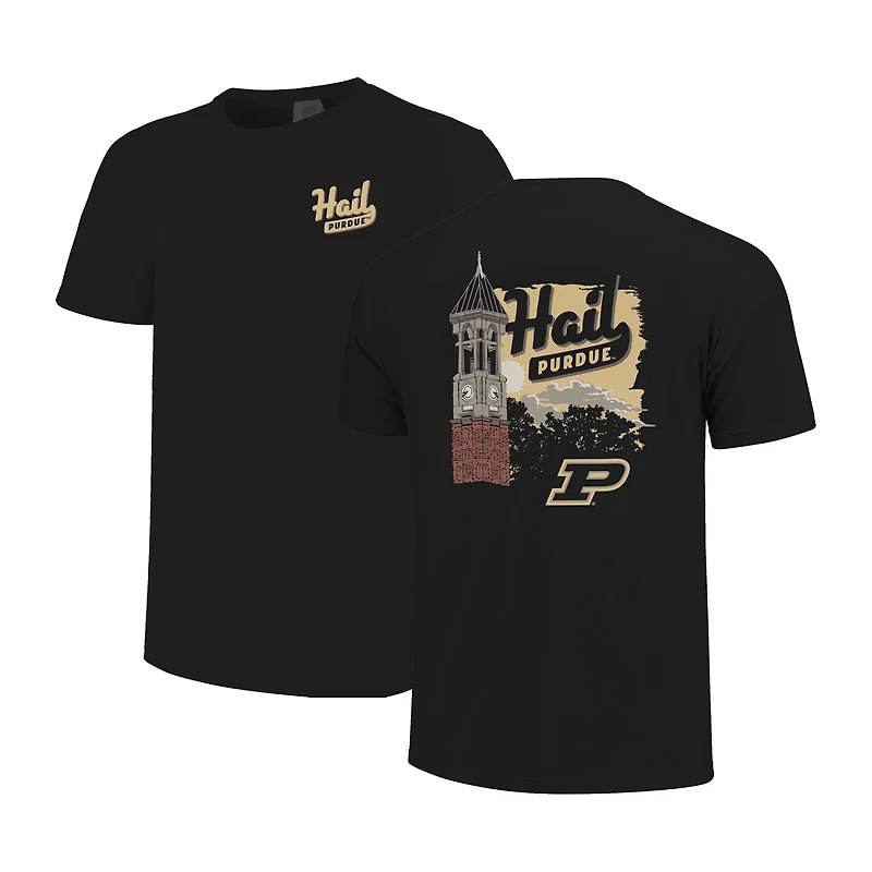 T-shirt unisexe noir avec tour de l'horloge hyper locale des Purdue Boilermakers