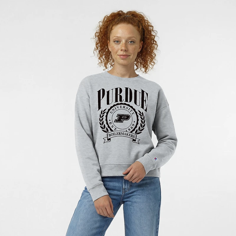 Women's Champion Heather Gray Purdue Boilermakers Academic Crest Powerblend Crewneck Sweatshirt