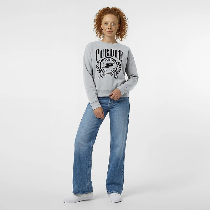Women's Champion Heather Gray Purdue Boilermakers Academic Crest Powerblend Crewneck Sweatshirt