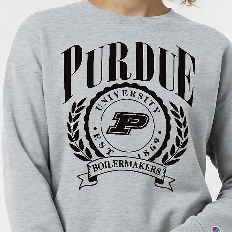 Women's Champion Heather Gray Purdue Boilermakers Academic Crest Powerblend Crewneck Sweatshirt