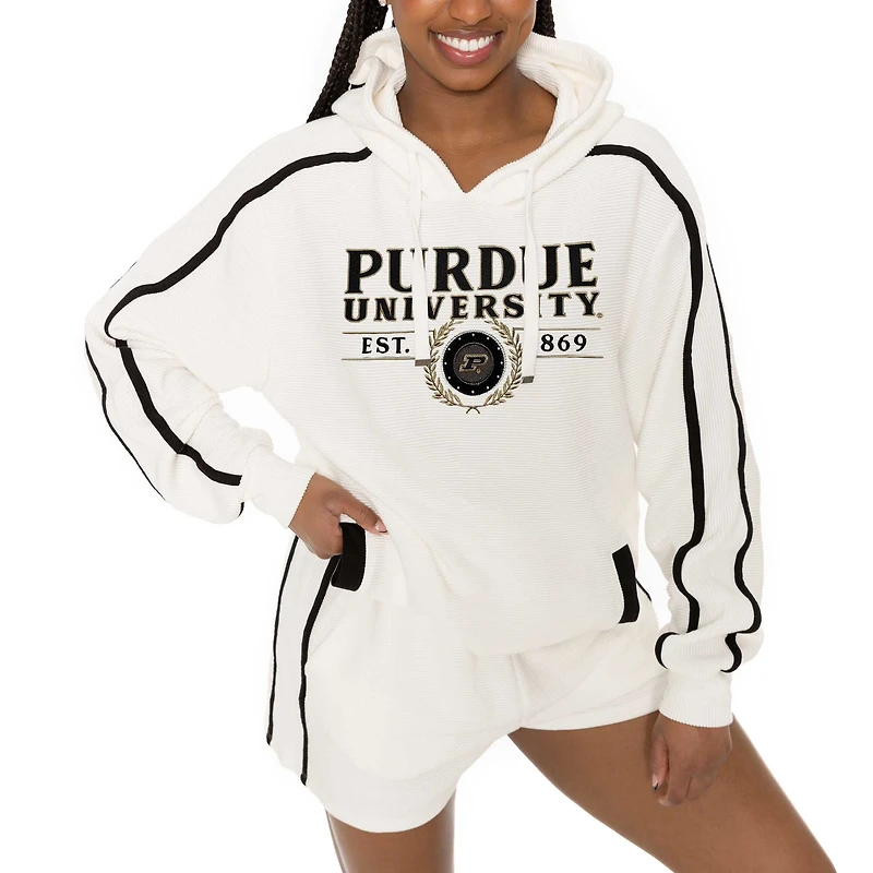 Women's Gameday Couture Cream Purdue Boilermakers Down, Set, Go Pullover Hoodie and Shorts Set