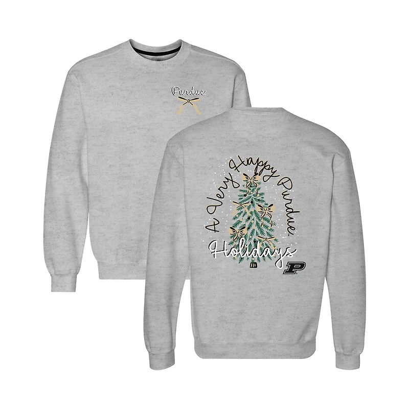 Women's  Heather Gray Purdue Boilermakers Classic Merry Christmas Tree Crewneck Sweatshirt