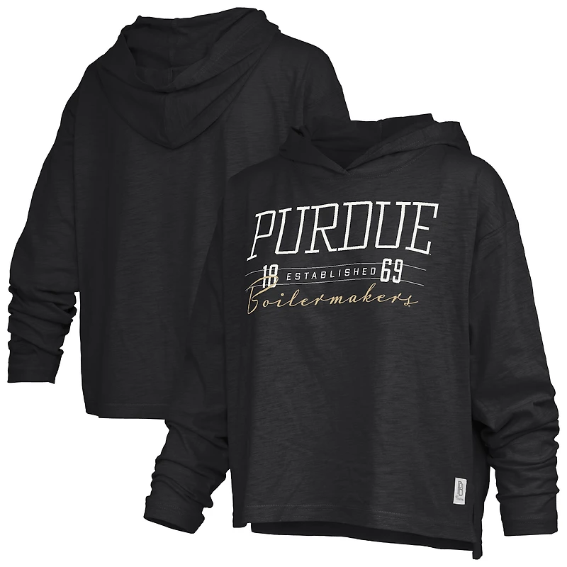 Women's Pressbox  Black Purdue Boilermakers Castillo Slub Waist Length Long Sleeve Hooded T-Shirt