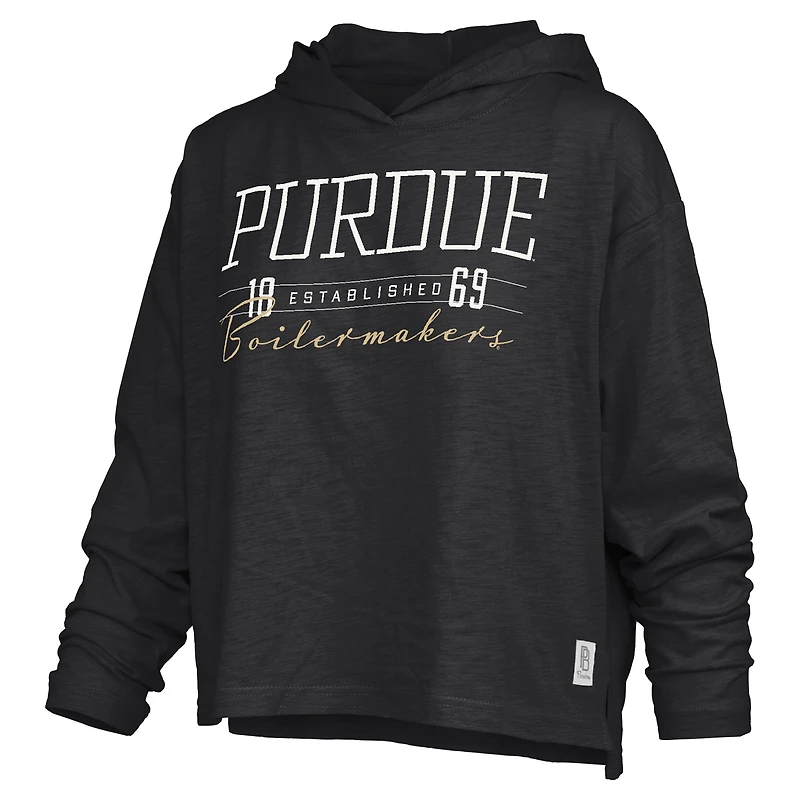 Women's Pressbox  Black Purdue Boilermakers Castillo Slub Waist Length Long Sleeve Hooded T-Shirt