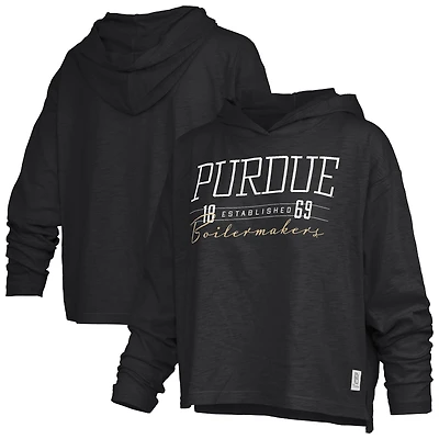 Women's Pressbox  Black Purdue Boilermakers Castillo Slub Waist Length Long Sleeve Hooded T-Shirt