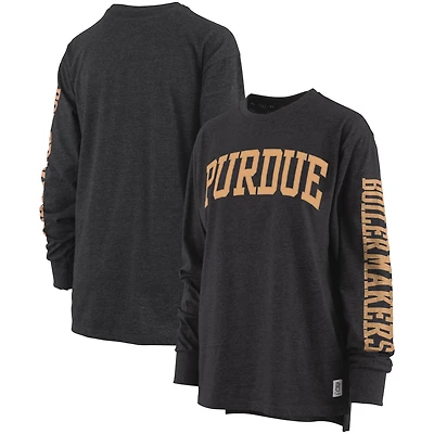T-shirt à manches longues noir chiné Pressbox pour femmes, Purdue Boilermakers Two-Hit Canyon