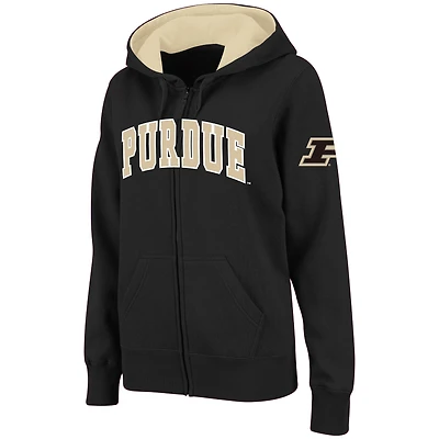 Sweat à capuche zippé noir pour femme, modèle Stadium Athletic Purdue Boilermakers, avec nom en arc de cercle.