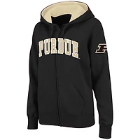 Sweat à capuche zippé noir pour femme, modèle Stadium Athletic Purdue Boilermakers, avec nom en arc de cercle.