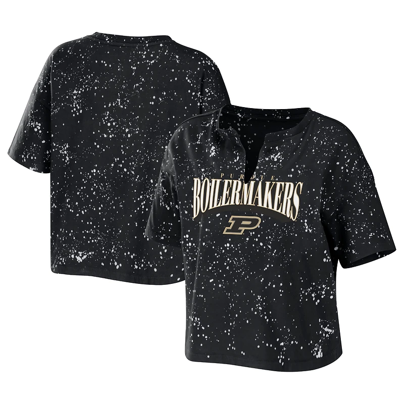 T-shirt court à col cranté noir Purdue Boilermakers, imprimé éclaboussures de javel, par Erin Andrews, pour femme