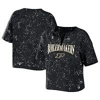 T-shirt court à col cranté noir Purdue Boilermakers, imprimé éclaboussures de javel, par Erin Andrews, pour femme
