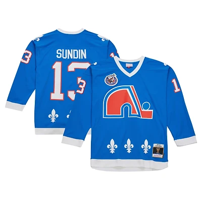 Maillot de joueur la ligne bleue Mitchell & Ness Mats Sundin bleu des Nordiques Québec 1992/93 pour hommes