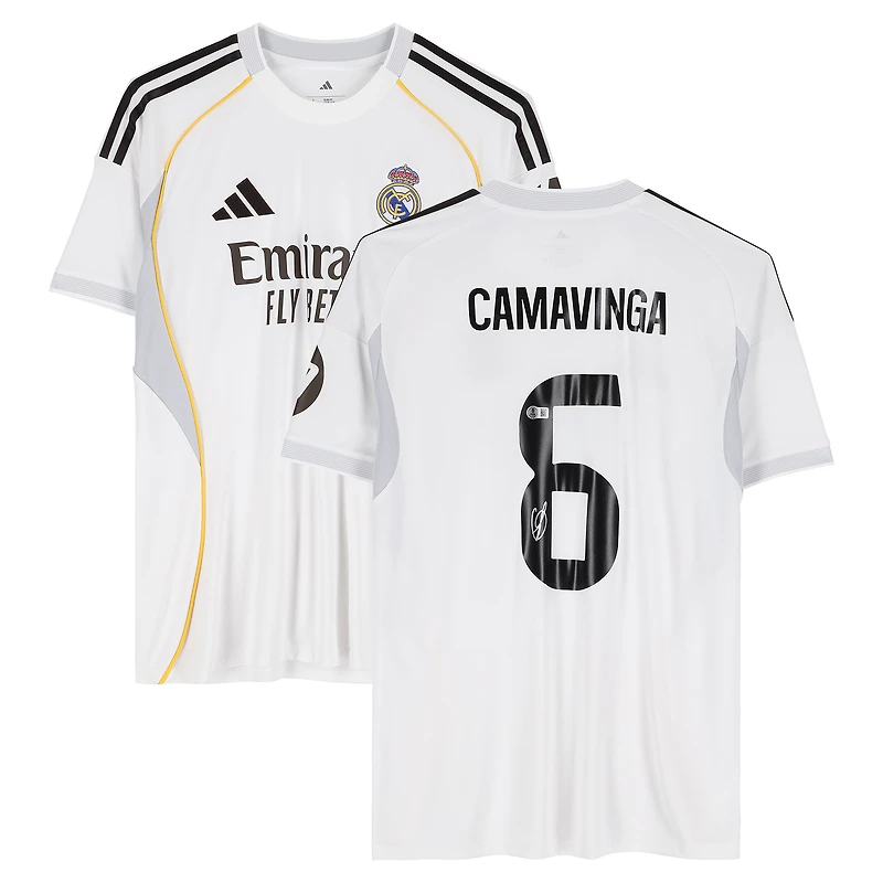 Maillot domicile blanc adidas 2025-26 autographié par Eduardo Camavinga du Real Madrid