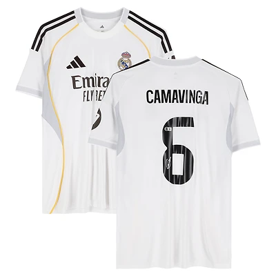 Maillot domicile blanc adidas 2025-26 autographié par Eduardo Camavinga du Real Madrid