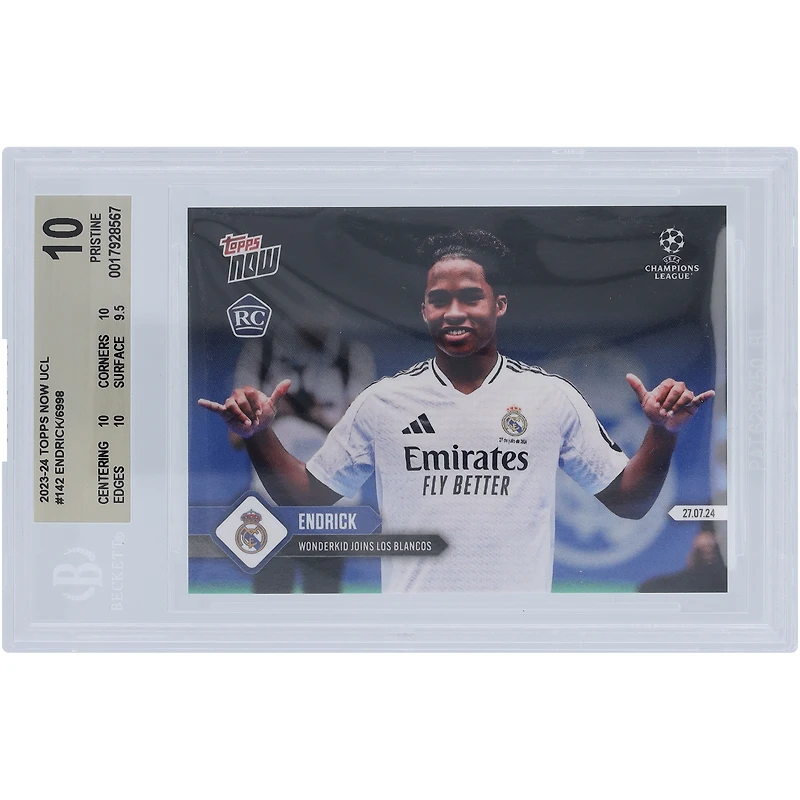 Endrick Real Madrid 2023-24 Topps maintenant Wonderkid rejoint Los Blancos 27.07.24 #142 BGS Authenticated 10 Rookie Card - 10,10,10,9.5 Subgrades