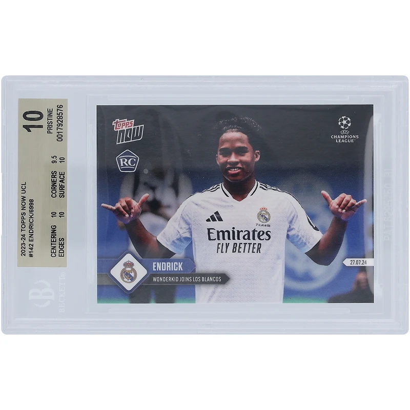 Endrick Real Madrid 2023-24 Topps maintenant Wonderkid rejoint Los Blancos 27.07.24 #142 BGS authentifié 10 Rookie Card - 10, 9.5, 10, 10 Subgrades