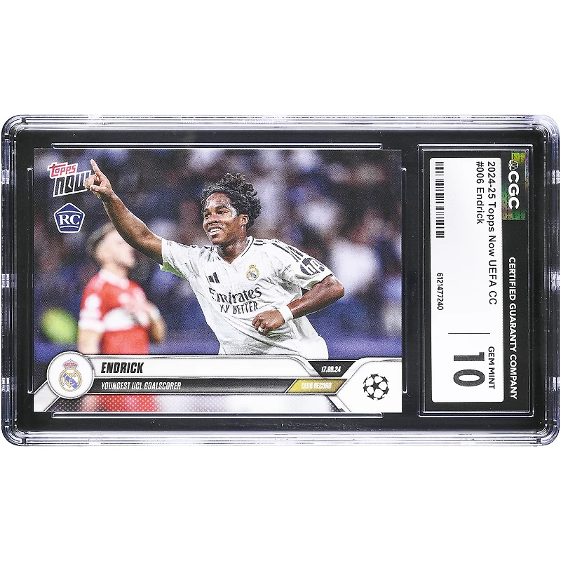 Carte de recrue Endrick Real Madrid 2024-25 Topps Now UEFA CC, plus jeune buteur de la Ligue des champions, n° 6, authentifiée CGC 10