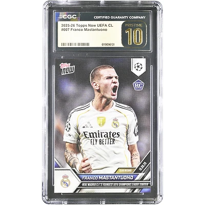 Carte de recrue de Franco Mastantuono, Real Madrid 2025-26 Topps Now UEFA CL, le plus jeune titulaire du Real Madrid CF en Ligue des champions de l'UEFA, n° 7, authentifiée CGC, état PRISTINE 10