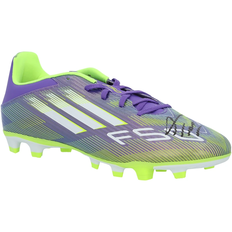 Crampons de football adidas F50 violets et jaunes autographiés par Franco Mastantuono du Real Madrid