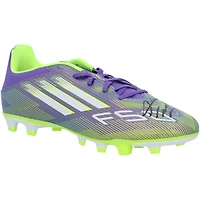 Crampons de football adidas F50 violets et jaunes autographiés par Franco Mastantuono du Real Madrid