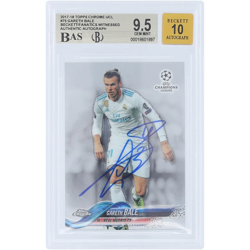 Carte de Gareth Bale (Real Madrid) autographiée, Topps Chrome UEFA 2017-18 n° 75, authentifiée par Beckett Fanatics Witnessed (note : 9,5/10).