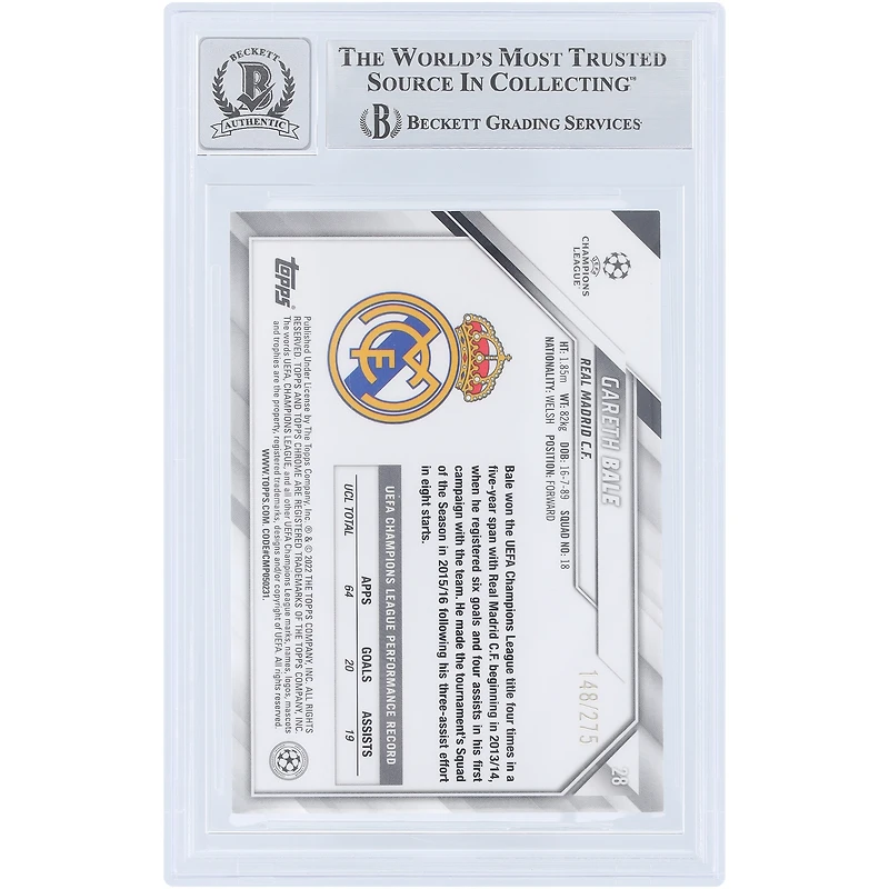 Carte autographiée Gareth Bale Real Madrid 2021-22 Topps Chrome UEFA Silver Mini Diamond Refractor n° 28/275, authentifiée par Beckett Fanatics Witnessed (note 9/10).