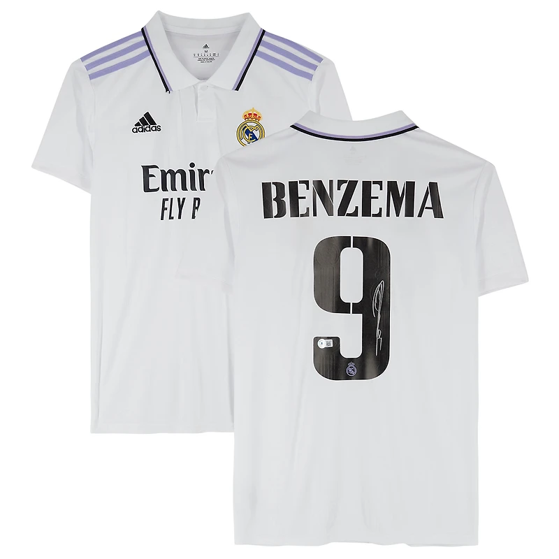 Maillot Adidas blanc dédicacé par Karim Benzema du Real Madrid 2022-23