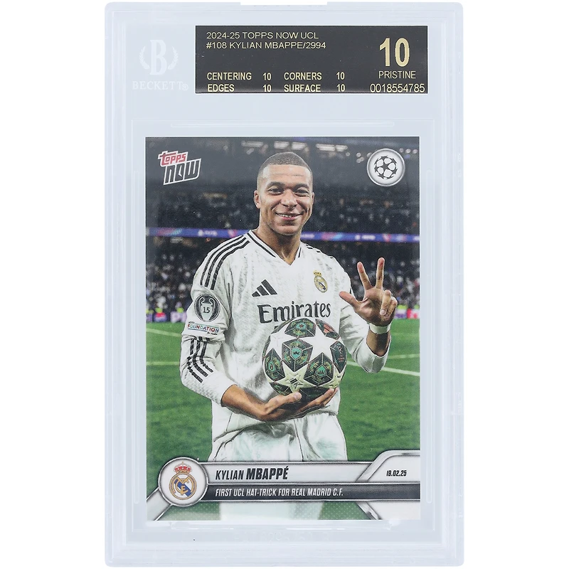 Kylian Mbappé Real Madrid 2024-25 Topps Now First UCL Hat-Trick For Real Madrid C.F. Black Label #108 BGS Authenticated 10 Card - 10,10,10,10 Subgrades