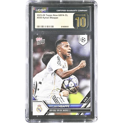 Carte Kylian Mbappé Real Madrid 2025-26 Topps Now UEFA CL 50e but pour le Real Madrid CF #8, authentifiée CGC, état PRISTINE 10