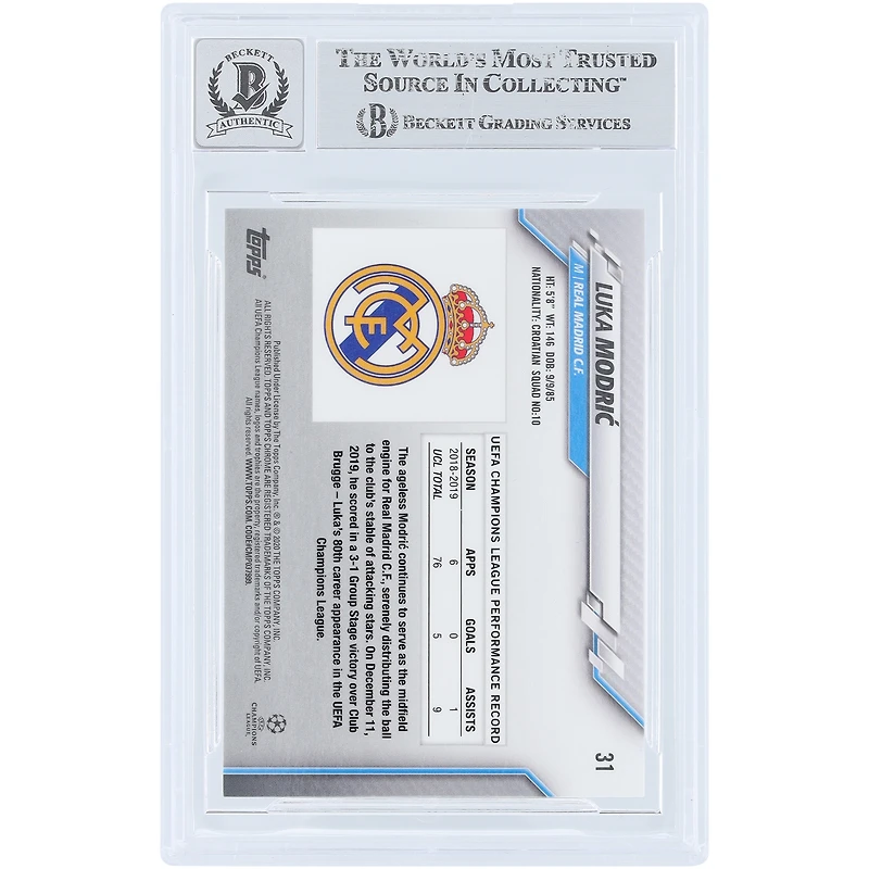 Carte 10 authentifiée signée Luka Modric du Real Madrid 2019-20 Topps Chrome UEFA #31 Beckett Fanatics Witnessed