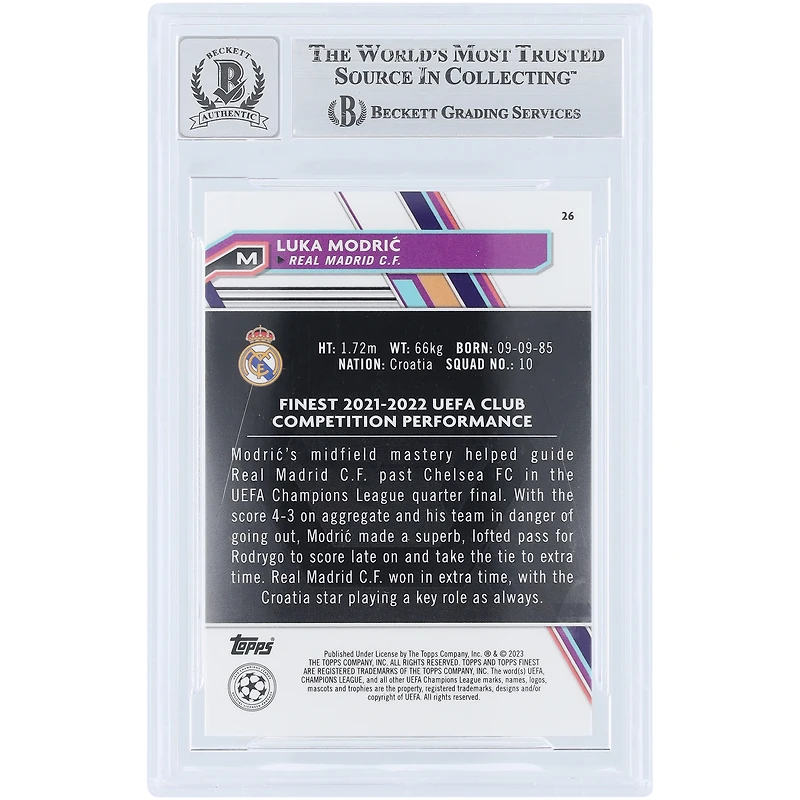 Luka Modric Real Madrid Autographed 2022-23 Topps Finest UEFA #26 Beckett Fanatics Witnessed Authenticated 10 Card 
