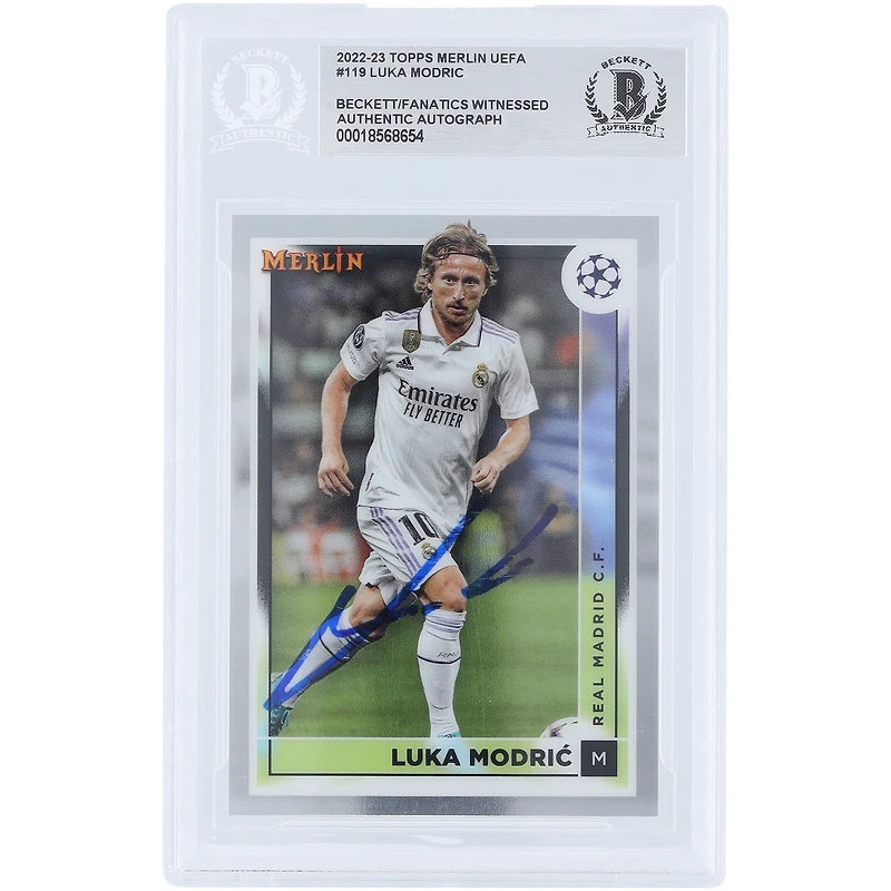 Carte authentifiée signée Luka Modric du Real Madrid 2022-23 Topps Merlin UEFA #119 Beckett Fanatics Witnessed