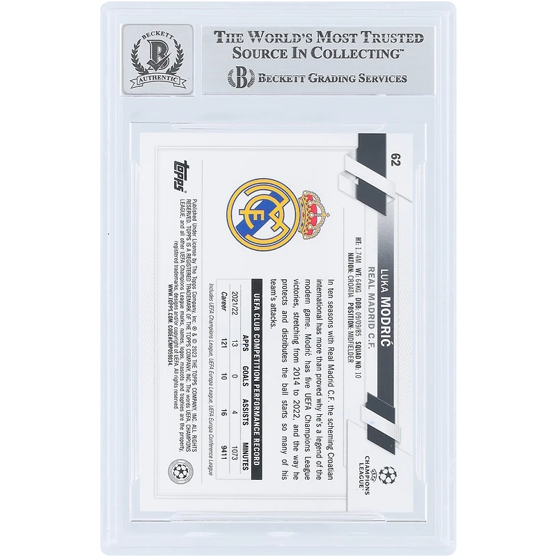Luka Modric Real Madrid Autographed 2022-23 Topps UEFA Pink Sparkle #62 Beckett Fanatics Witnessed Authenticated 10 Card