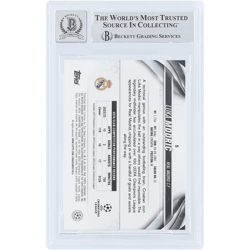 Carte 10 autographiée par Luka Modric du Real Madrid 2023-24 Topps Chrome UEFA #5 Beckett Fanatics Witnessed Authenticated