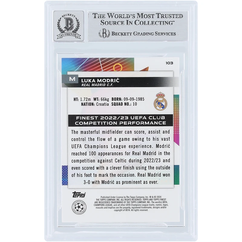 Luka Modric Real Madrid Autographed 2023-24 Topps Finest UEFA #103 Beckett Fanatics Witnessed Authenticated 10 Card