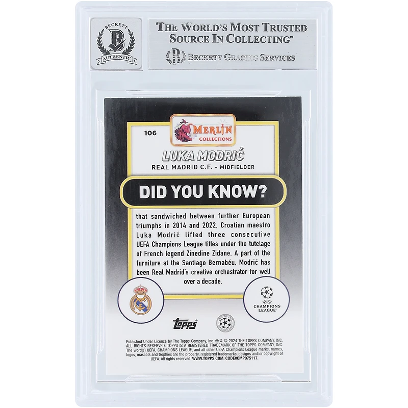 Luka Modric Real Madrid Autographié 2023-24 Topps Merlin UEFA #106 Beckett Fanatics Witnessed Authenticated 10 Card